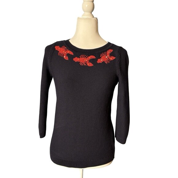 NAVY LOBSTER BEADED SWEATER TOP 3/4 SLEEVE TEXTURED KNIT EUC PETITE SMALL - Picture 2 of 8